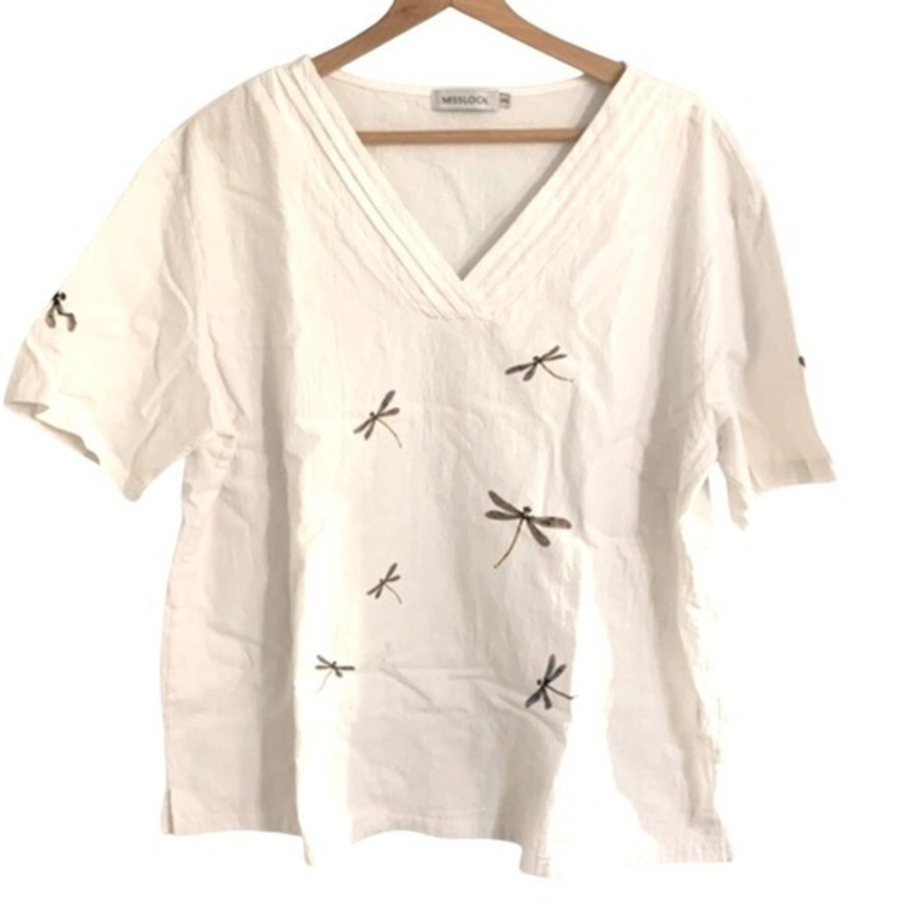 MISSLOOK Dragonfly Print V-Neck Blouse 3XL White Short Sleeve Top Lagenlook Airy